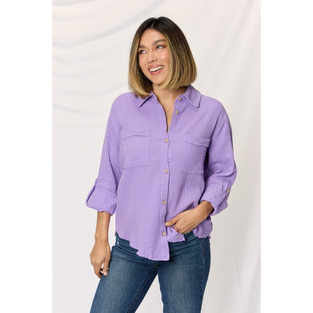 Zenana Texture Button Up Raw Hem Long Sleeve Shirt - Medium